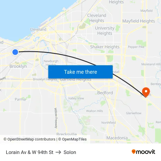 Lorain Av & W 94th St to Solon map