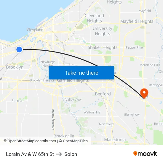 Lorain Av & W 65th St to Solon map