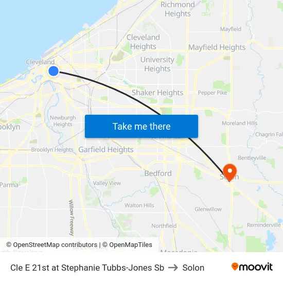 Cle E 21st at Stephanie Tubbs-Jones Sb to Solon map