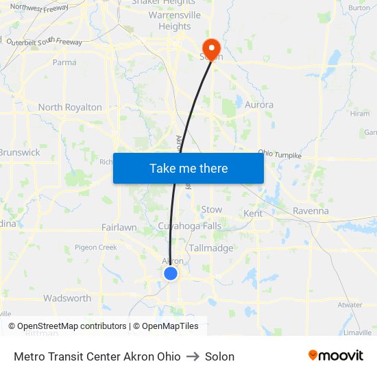 Metro Transit Center Akron Ohio to Solon map