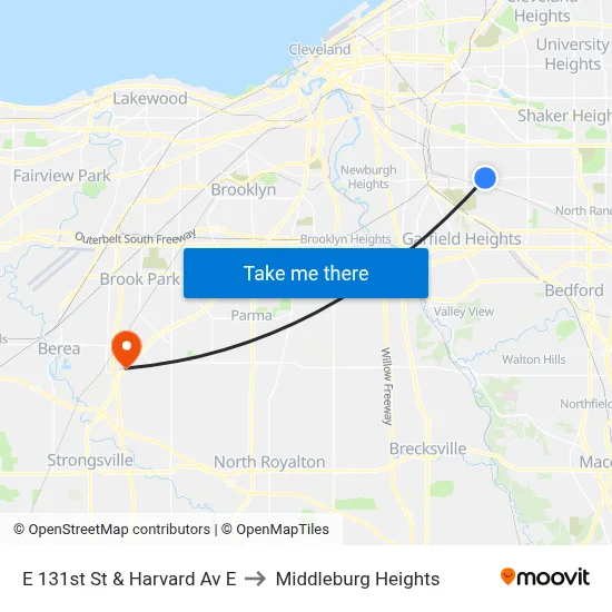 E 131st St & Harvard Av E to Middleburg Heights map