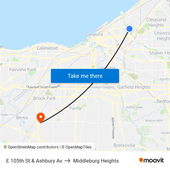 E 105th St & Ashbury Av to Middleburg Heights map