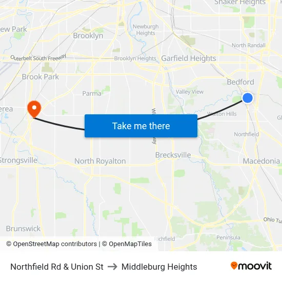 Northfield Rd & Union St to Middleburg Heights map