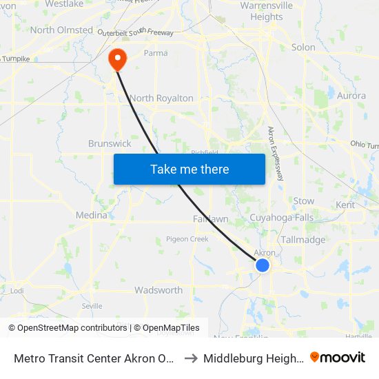 Metro Transit Center Akron Ohio to Middleburg Heights map