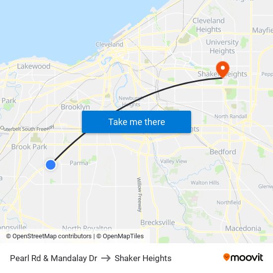 Pearl Rd & Mandalay Dr to Shaker Heights map