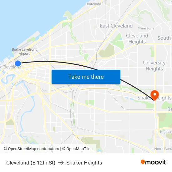 Cleveland (E 12th St) to Shaker Heights map