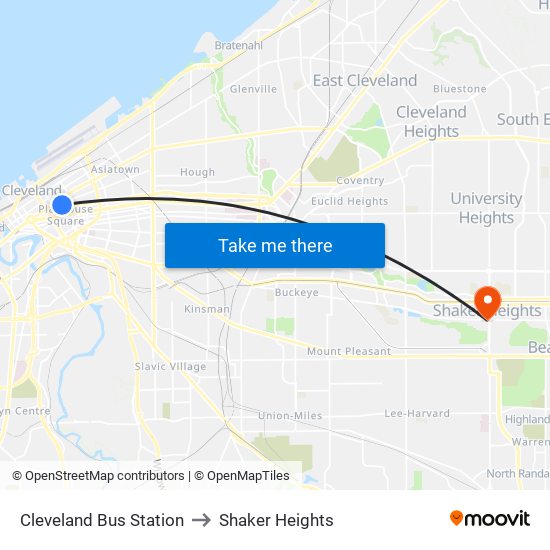 Cleveland Bus Station to Shaker Heights map