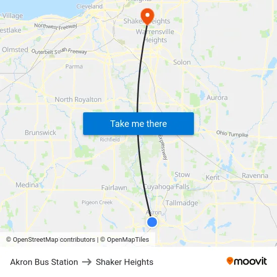 Akron Bus Station to Shaker Heights map