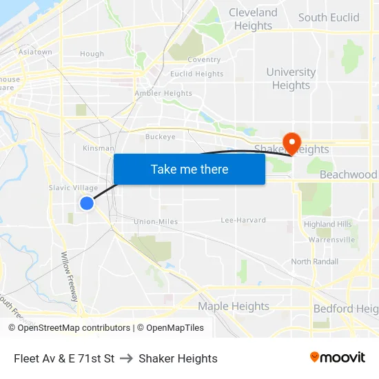 Fleet Av & E 71st St to Shaker Heights map