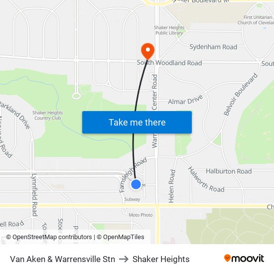 Van Aken & Warrensville Stn to Shaker Heights map