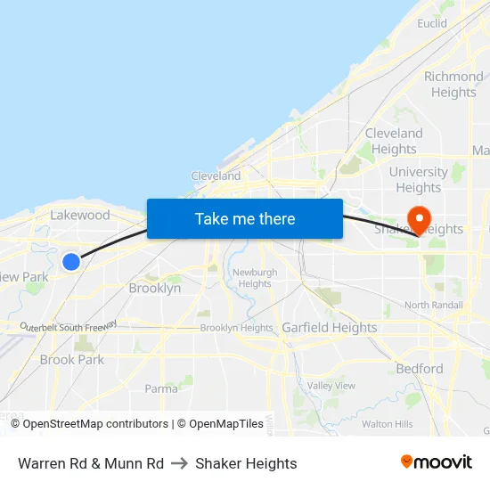 Warren Rd & Munn Rd to Shaker Heights map