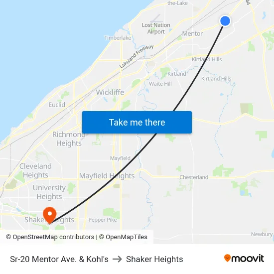 Sr-20 Mentor Ave. & Kohl's to Shaker Heights map