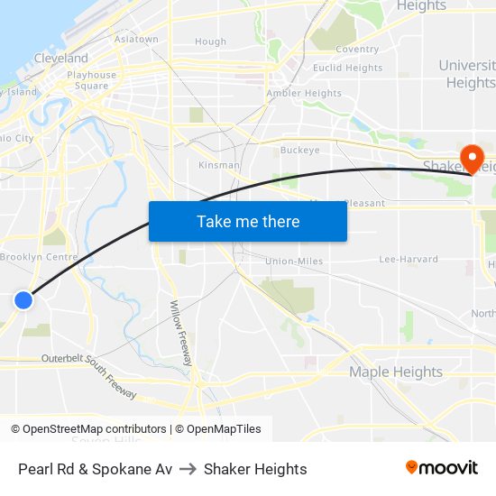 Pearl Rd & Spokane Av to Shaker Heights map