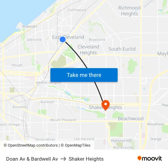 Doan Av & Bardwell Av to Shaker Heights map