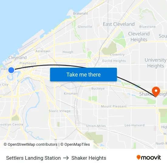 Settlers Landing Station to Shaker Heights map