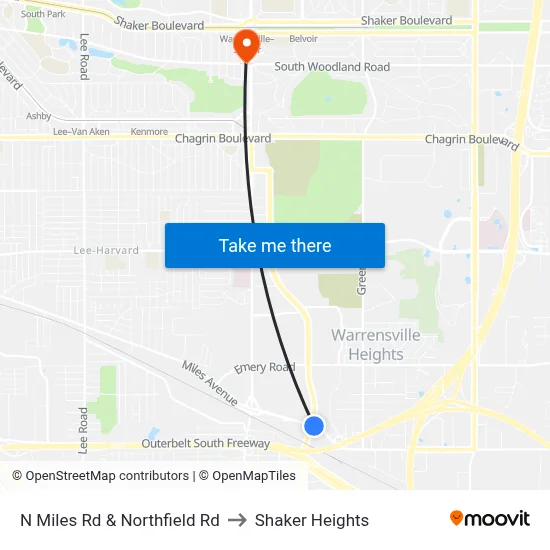 N Miles Rd & Northfield Rd to Shaker Heights map