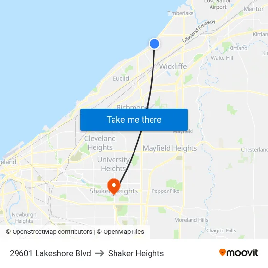 29601 Lakeshore Blvd to Shaker Heights map