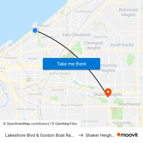 Lakeshore Blvd & Gordon Boat Ramp to Shaker Heights map