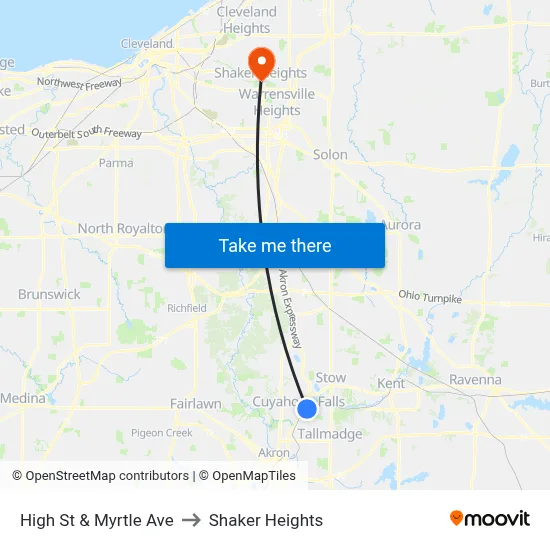 High St & Myrtle Ave to Shaker Heights map