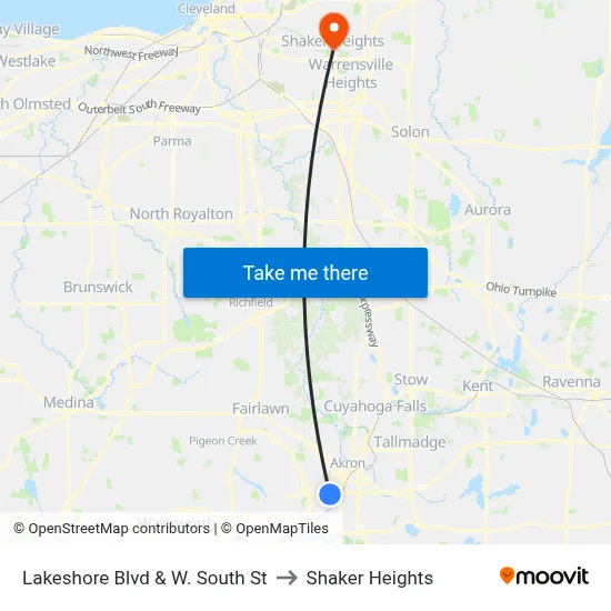 Lakeshore Blvd & W. South St to Shaker Heights map