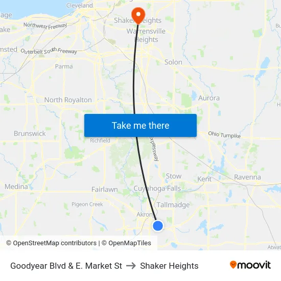 Goodyear Blvd & E. Market St to Shaker Heights map