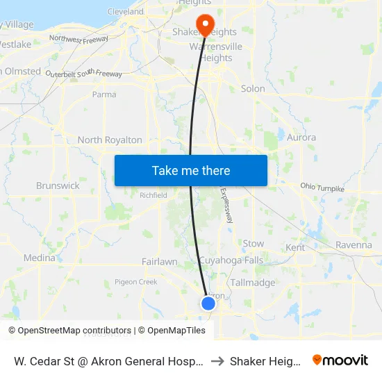 W. Cedar St @ Akron General Hospital to Shaker Heights map