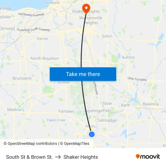 South St & Brown St. to Shaker Heights map