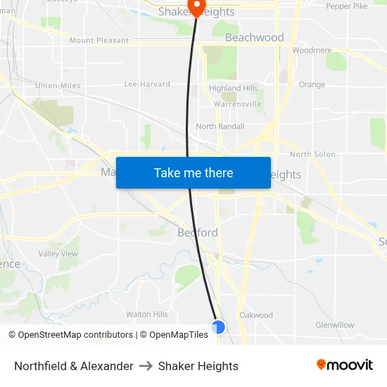 Northfield & Alexander to Shaker Heights map