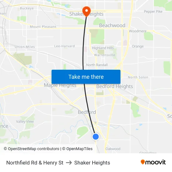 Northfield Rd & Henry St to Shaker Heights map