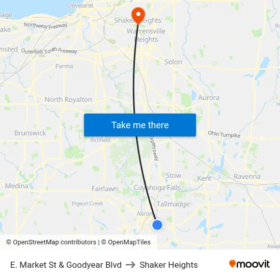 E. Market St & Goodyear Blvd to Shaker Heights map