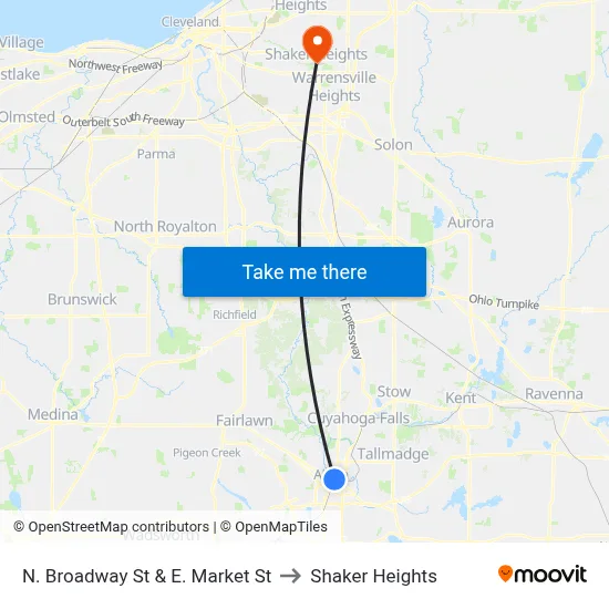 N. Broadway St & E. Market St to Shaker Heights map