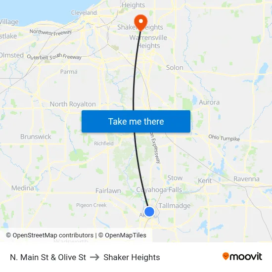 N. Main St & Olive St to Shaker Heights map