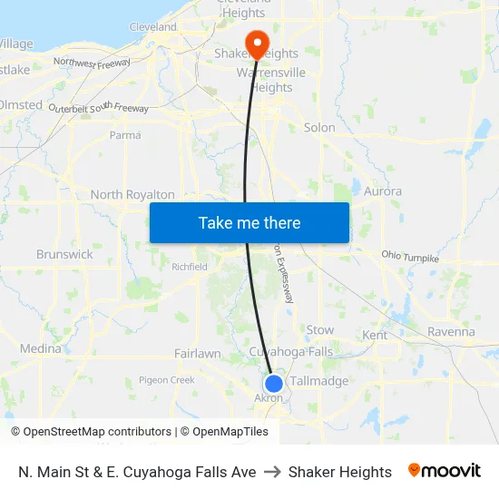 N. Main St & E. Cuyahoga Falls Ave to Shaker Heights map