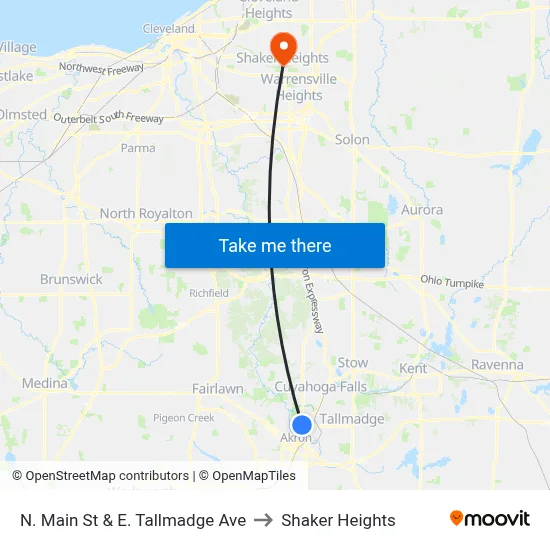N. Main St & E. Tallmadge Ave to Shaker Heights map
