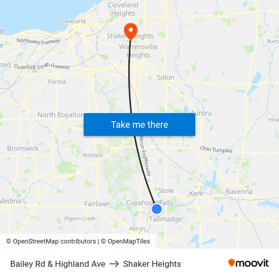 Bailey Rd & Highland Ave to Shaker Heights map