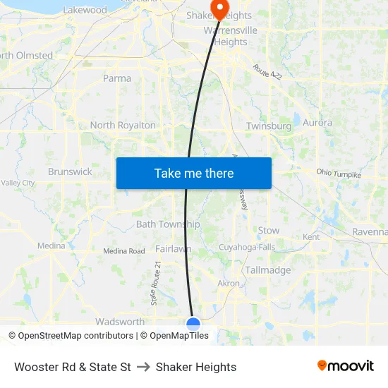 Wooster Rd & State St to Shaker Heights map