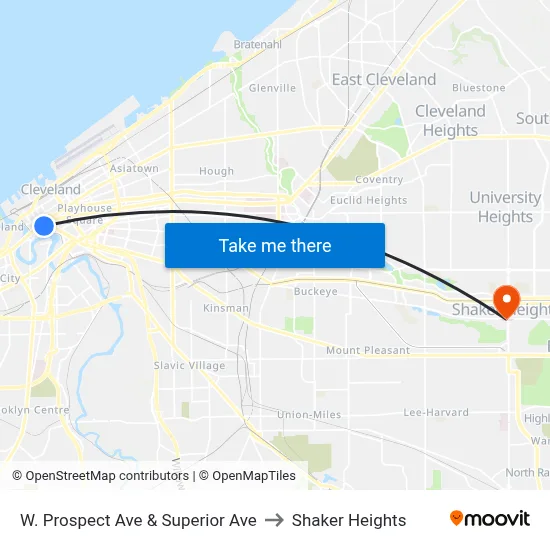 W. Prospect Ave  & Superior Ave to Shaker Heights map