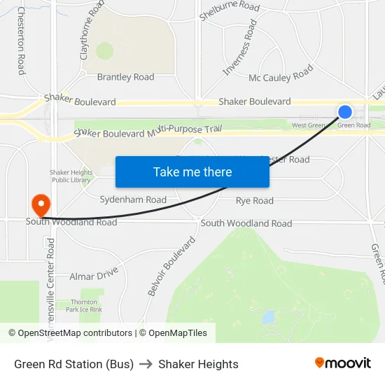 Green Rd Station (Bus) to Shaker Heights map
