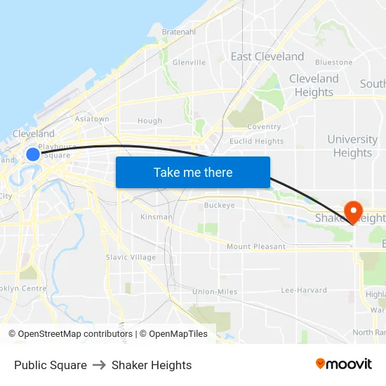 Public Square to Shaker Heights map