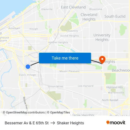 Bessemer Av & E 65th St to Shaker Heights map