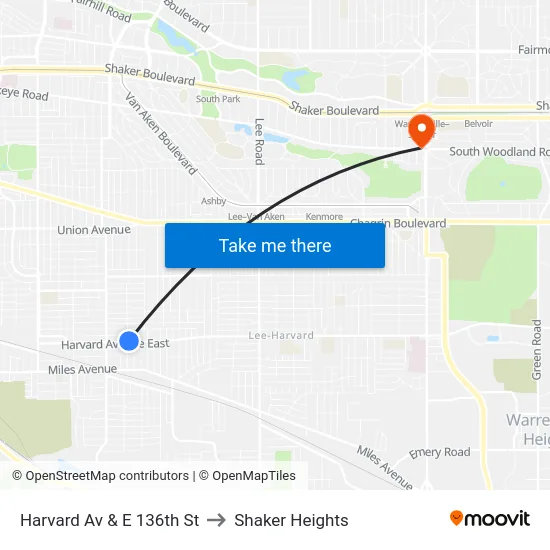 Harvard Av & E 136th St to Shaker Heights map