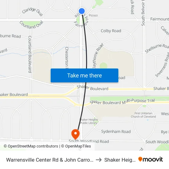 Warrensville Center Rd & John Carroll Blvd to Shaker Heights map