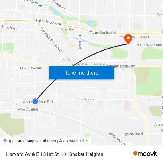 Harvard Av & E 131st St to Shaker Heights map