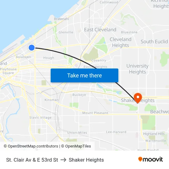 St. Clair Av & E 53rd St to Shaker Heights map