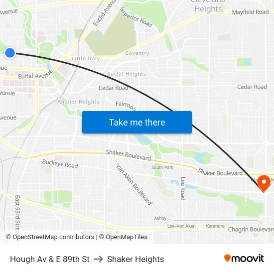 Hough Av & E 89th St to Shaker Heights map