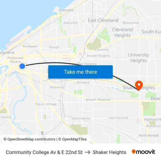 Community College Av & E 22nd St to Shaker Heights map