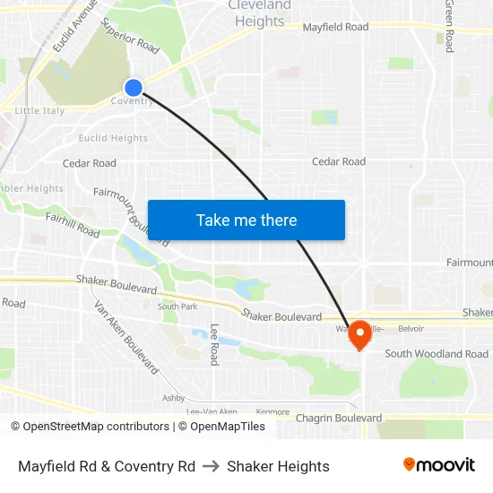 Mayfield Rd & Coventry Rd to Shaker Heights map