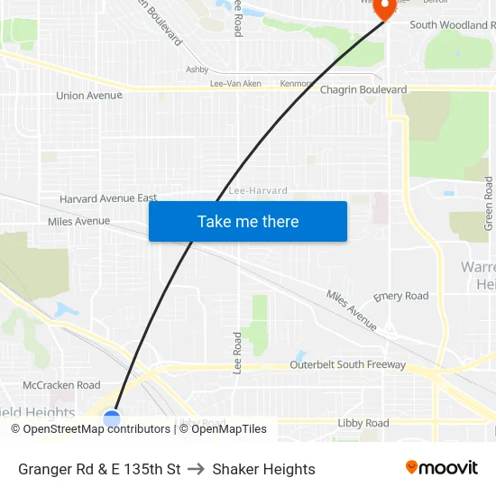 Granger Rd & E 135th St to Shaker Heights map