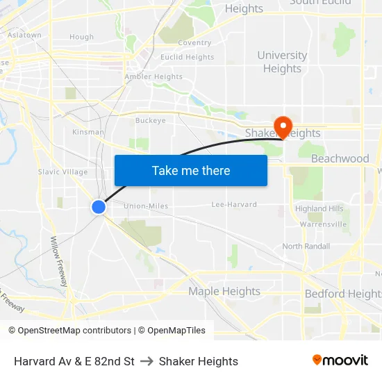 Harvard Av & E 82nd St to Shaker Heights map