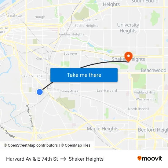 Harvard Av & E 74th St to Shaker Heights map